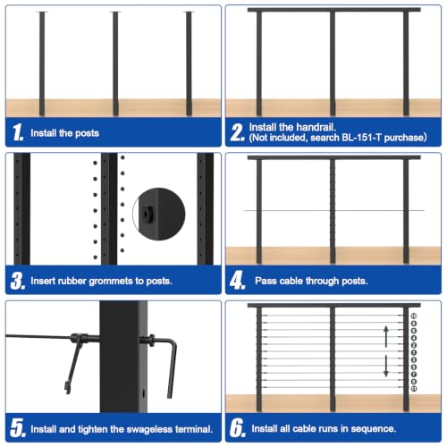 BLIKA 12-24FT Side Mount Cable Railing Post Kits 36 Inch,Black Space-Saving - color: Side Mount Level Kit (12–24FT, 300FT Cable)