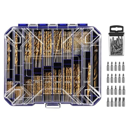 276pc Titanium Twist Drill Bit Set with S2 Bits 135° Tip High Speed Steel, Size from 1/16" up to 1/2", Ideal in Wood Cast Iron Aluminum Alloy Plastic Fiberglass, Clear Lid Case - size: 276 Piece Twist Drill Bits Set 135°