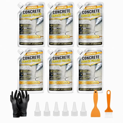 Concrete Cement Crack Filler Self-Leveling Sealant, 6PACK Waterproof Fast-Drying Concrete Sealer Repair, Flexible Easy DIY Crack Seal Gule for Driveway, Sidewalk, Patio, Garage Floor, Asphalt - size: 6PACK