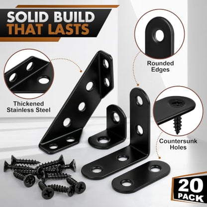 20 Pack L Bracket Corner Brace Kit, 4 Sizes Stainless Steel Corner Bracket