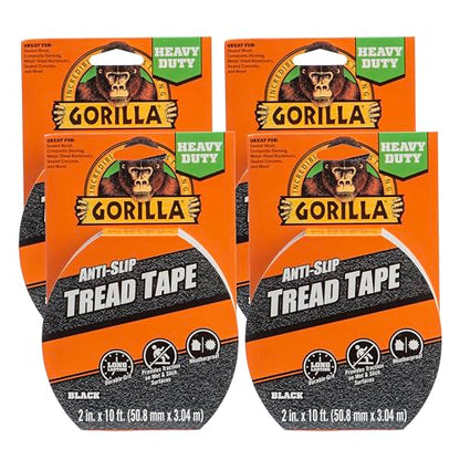 Gorilla Anti-Slip Tread Tape, 2" x 10' Roll, Black, (Pack of 4) - size: 4 - Pack
