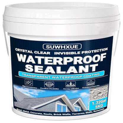 Clear Waterproof Sealant, SUWHXUE 1.32Gal/5KG Water-Based Transparent Waterproof Leak Repair Coating, Invisible Flexible Sealant for Concrete Walls Wood Metal Roof Water Sealer Indoor & Outdoor - size: 1.32 Gal