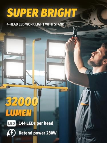 32000 Lumen LED Work Light with Stand, 4-Head Tripod, Remote Control