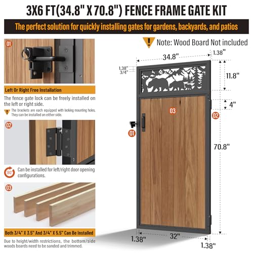3x6FT Fence Gate Frame Kit 201 Stainless Steel Heavy Duty Garden Gates Anti-Sag Backyard Front Gate Reinforcement Hardware, Left/Right Mount (No Wood Planks Included) - color: W3xH6ft-Bear