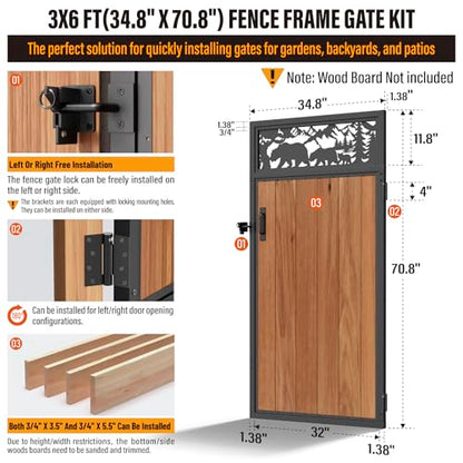 3x6FT Fence Gate Frame Kit 201 Stainless Steel Heavy Duty Garden Gates Anti-Sag Backyard Front Gate Reinforcement Hardware, Left/Right Mount (No Wood Planks Included) - color: W3xH6ft-Bear