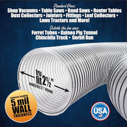 2-1/2" x 10' PVC Dust Collection Hose With 4 EZ Release Clamps Made in USA