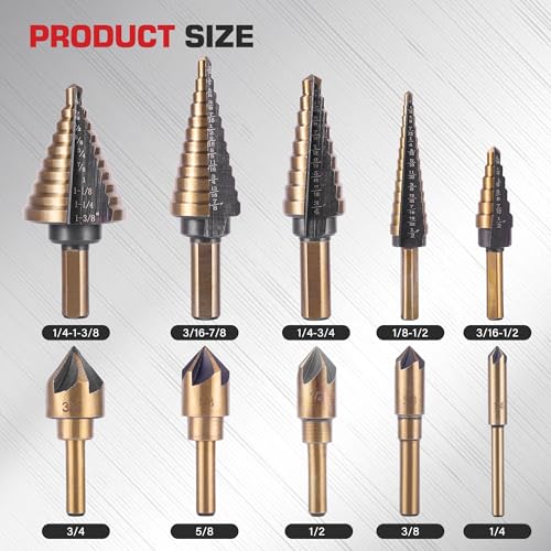 5Pcs Step Drill Bit & 5Pcs Countersink Drill Bit Set - size: 11pcs