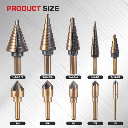 5Pcs Step Drill Bit & 5Pcs Countersink Drill Bit Set - size: 11pcs