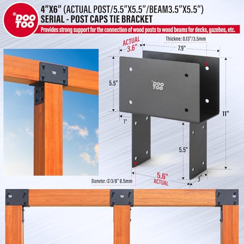 Stainless Steel Pergola Brackets, 6x6(Actual 5.5"x5.5") Post to Beam Bracket, Heavy Duty Post Cap Tie Bracket for Gazebos, Decks and Porches(4pcs-Black) - size: 6x6 (Actual Post 5.5"x5.5", Beams 5.5"x5.5")