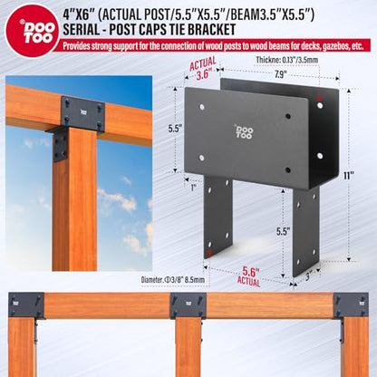 Stainless Steel Pergola Brackets, 4x6(Actual Post/5.5"x5.5" Beams/3.5"x5.5") Post to Beam Bracket, Heavy Duty Post Cap Tie Bracket for Gazebos, Decks and Porches(2pcs-Black) - size: 4x6 (Actual Post 5.5"x5.5", Beams 3.5"x5.5")