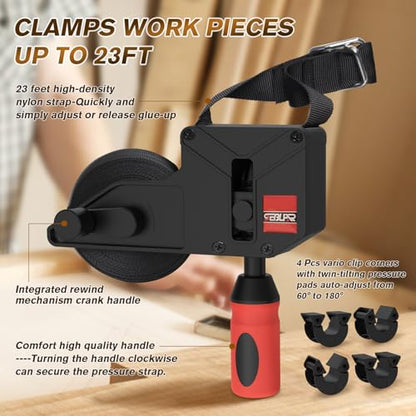 Sebupar 2 Pack Woodworking Band Clamps with 23 ft Variable Angle Strap Clamp, Corner Camp Picture Frame Clamps Fits for Square, Round/Irregular Shaped, Barrel - size: 2 Pack