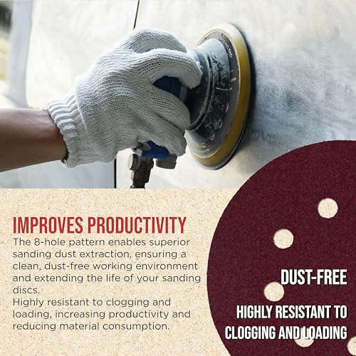 ProductionShop Premium 5" Red 8-Hole Pattern 150 Grit Sanding Discs, Box of 50 - Dustless Hook & Loop Backing Sandpaper for Random Orbital Sanders, Medium-Fine-Cut Abrasive - Woodworking, Auto Paint - style: 150 Grit