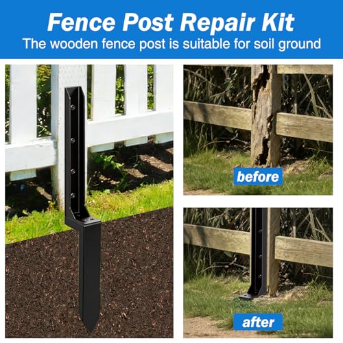 （2026 Upgraded） Heavy Duty Steel Fence Post Repair Bracket, Ground Spike Anchor for Fixing Leaning Broken Wooden Fence Posts, 31.5 Inch Height, Black 4-piece Set (4)