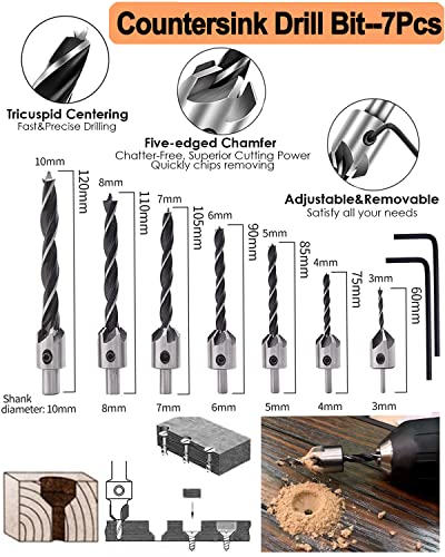 34 Pack Woodworking Chamfer Drill Bit Set with Countersink Bits