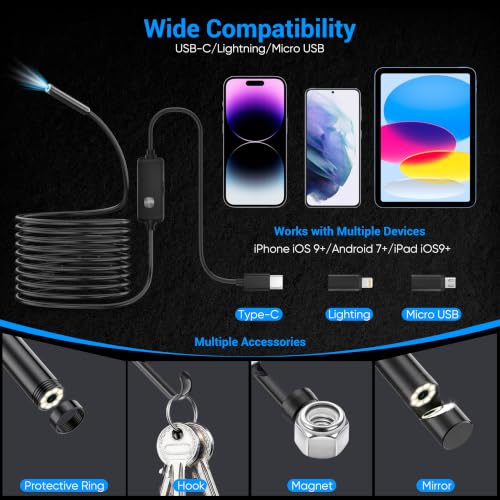 Endoscope Camera with Light,1920P HD Borescope with 8 Adjustable LED Lights
