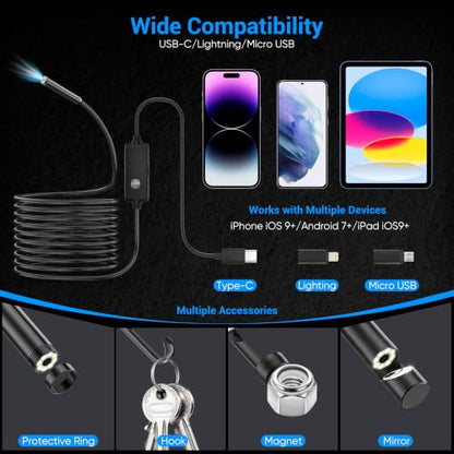Endoscope Camera with Light,1920P HD Borescope with 8 Adjustable LED Lights