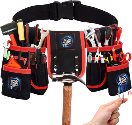 Tool Belt with 27 Pockets and 3 Magnetic Zones, Freely-Combinable Toolbelt - color: Red