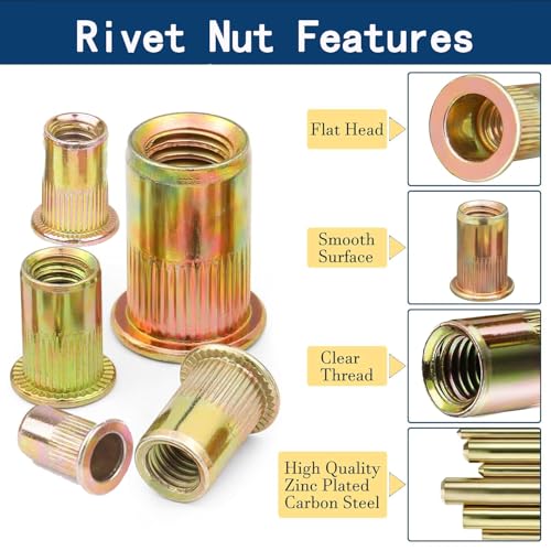 Rivet Nut #8-32 UNC 150Pcs Yellow Zinc Plated Finish Flat Head Knurled Body - color: YELLOW, size: #8-32