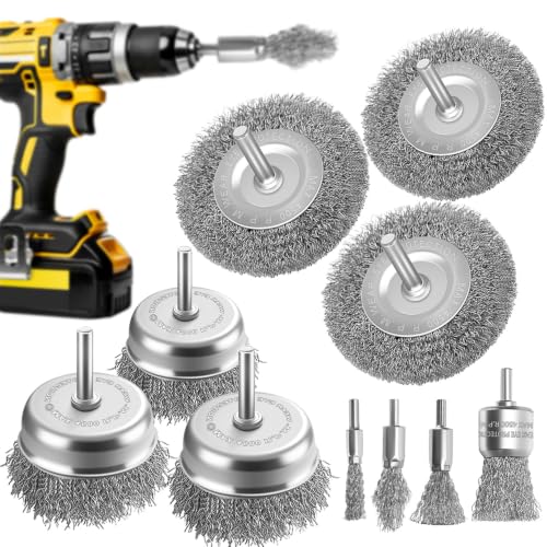 10Pcs Wire Brush Drill Set, 0.1mm Carbon Steel Bristles, 1/4 Inch Round Shank, Heavy Duty Cup/Wheel/Pen Brush for Rust Removal, Paint Stripping, Deburring