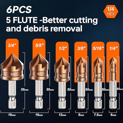 Countersink Drill Bit Set, M35 Cobalt HSS Countersink Drill Bits 6 Pieces 1/4 Inch Quick Change Hex Shank for Metal, Wood, Stainless Steel, Carbon Steel - size: M35 Cobalt