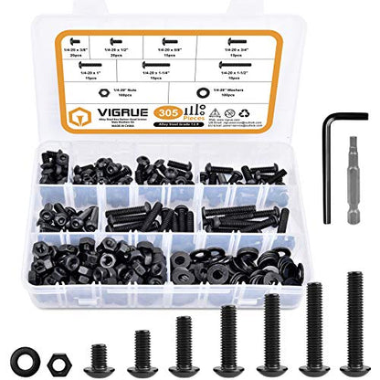 VIGRUE 305Pcs 1/4-20 Bolt and Nut Assortment Kit, 1/4-20 Black Button Head Socket Cap Screw Nuts Washers Kit, Assorted Allen Head Screws, Class 12.9 Alloy Steel - size: VIGRUE 305Pcs 1/4-20 Button Head