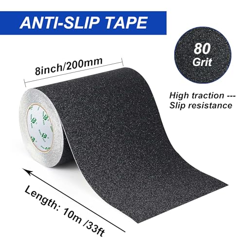 BOMEI PACK Black Anti Slip Tape, 8 Inch x 33 Foot Non-Slip Traction Grip Tape for Stairs, Waterproof Stair Treads Grip Non Slip, Non Skid Tape for Steps, Outdoor Black Grip Tape - size: 200mm