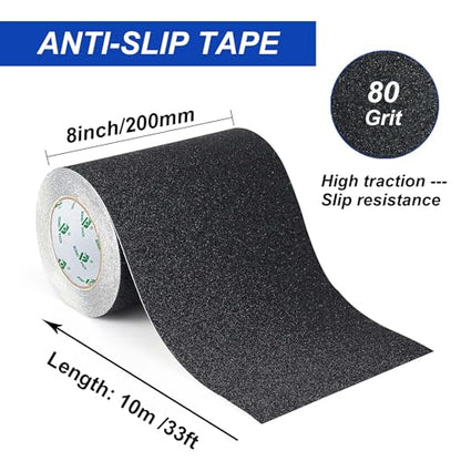 BOMEI PACK Black Anti Slip Tape, 8 Inch x 33 Foot Non-Slip Traction Grip Tape for Stairs, Waterproof Stair Treads Grip Non Slip, Non Skid Tape for Steps, Outdoor Black Grip Tape - size: 200mm