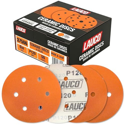 50 PCS 6 Inch 6 Hole Ceramic Sanding Discs P120 Grit, Hook and Loop Orbital Sandpaper, Heavy Duty Sandpaper for Wood, Metal, Automotive, Paint Removal 37506 - size: P120