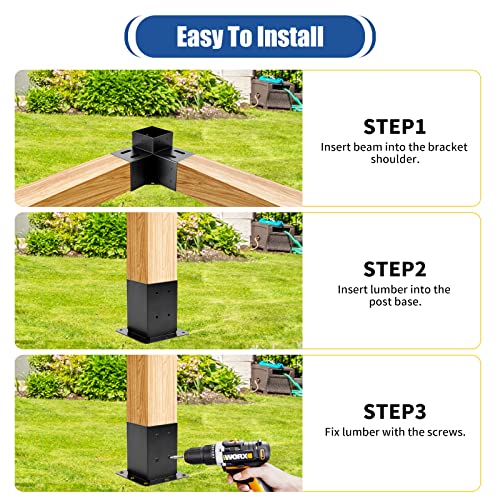 4 Pcs 4"x4" Pergola Brackets(Actual:3.6"x3.6") with 4 Pcs Post Base - size: 3-Way 4x4 Inch with Base - 4 Pcs