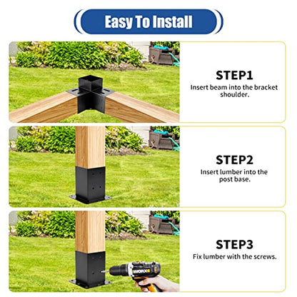 4 Pcs 4"x4" Pergola Brackets(Actual:3.6"x3.6") with 4 Pcs Post Base - size: 3-Way 4x4 Inch with Base - 4 Pcs