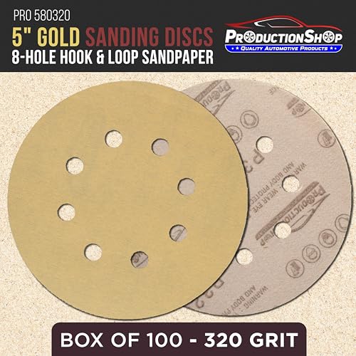 ProductionShop Premium 320 Grit 5" Gold Sanding Discs, 8-Hole Pattern, Box of 100 - Dustless Hook & Loop Backing Sandpaper for DA & Random Orbital Sanders, Sand Auto Paint, Wood Woodworking Furniture - style: 320 Grit
