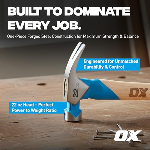 OX Pro Framing Hammer 22 oz MIlled Face with Curved Hickory Wood Handle Hammer wit Rubber Handle Grip - Martillos De Construccion - style: 22-oz Hammer + Grip