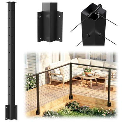 Side Mount Inner Corner Post 36" (Post Body 44"), Fixed Top Three Side Drilled Corner Post Cable Railing, Black Stainless Steel T304 Fascia Mount Metal Post with Inner Terminal & Cable Grommet - style: 1x Inner Corner
