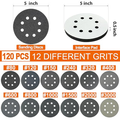 120 Pcs 5 Inch 8-Hole Hook and Loop Sanding Discs 80 to 3000 Grit - size: Mix Grit 120PCS