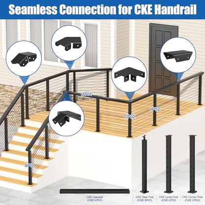 CKE Flat Handrail Accessories, 2 Pack Aluminum Deck to Stair Handrail Connector, 90 Degree Horizontal to Stair Transition Sleeve, Black Cable Railing Post Handrail Connector for Flat Top Rail HF08 - size: 90 Degree Horizontal to Stair Transition Sleeve