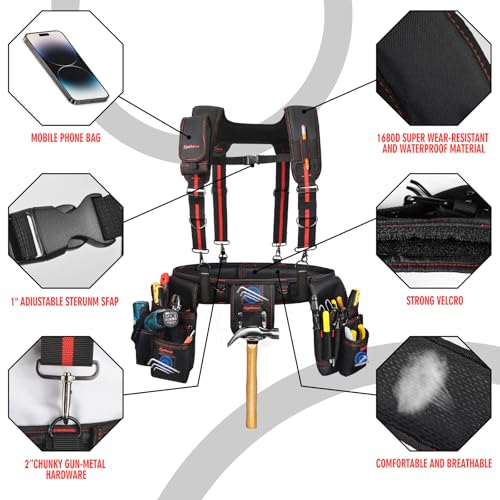 Heavy Duty Tool Belt with Padded Suspenders – Adjustable Construction Tool Rig with Multi-Pouch System – Framing & Electrician Waist Belt for Men（Adjustable one sizeZ)