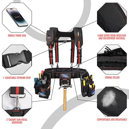 Heavy Duty Tool Belt with Padded Suspenders – Adjustable Construction Tool Rig with Multi-Pouch System – Framing & Electrician Waist Belt for Men（Adjustable one sizeZ)