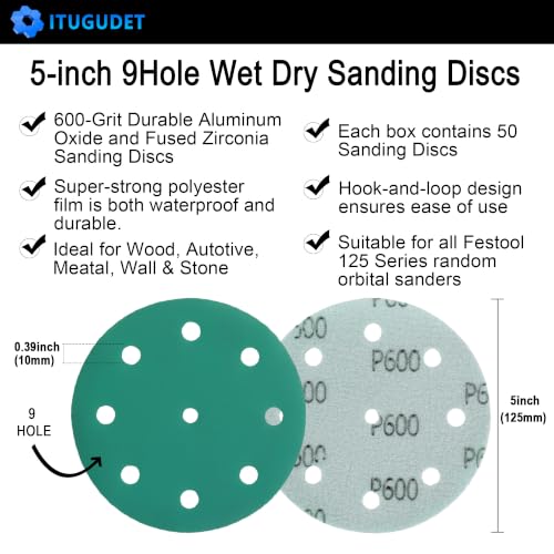 5 Inch 9 Hole Wet Dry P600 Grit Sanding Discs - 50 Pack Box - size: 600 Grit
