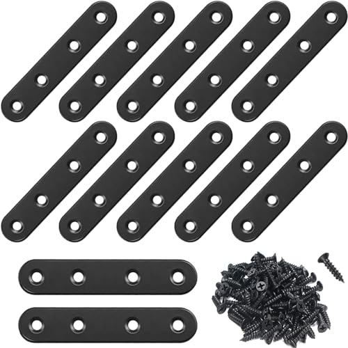 12Pcs Black Straight Brackets 3 Inch Stainless Steel Flat Brace Mending Plates, Sturdy Metal Repair Fixing Joining Brackets for Wood Furniture with Screws - size: 12 Pack