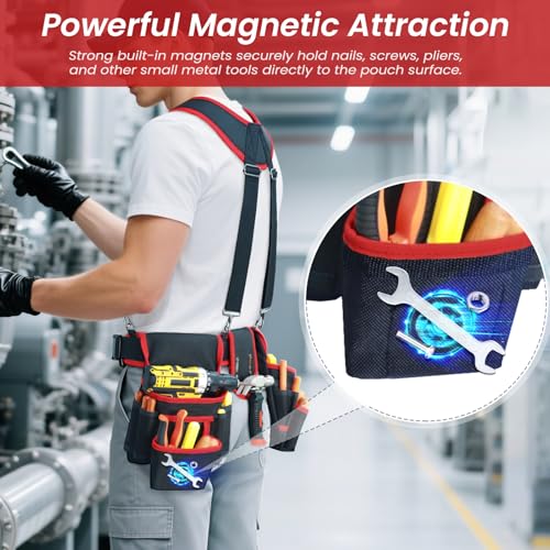 FamilyKit Tool Belt With Suspenders, Magnetic Heavy Duty Tool Belts for Men - color: Black-red