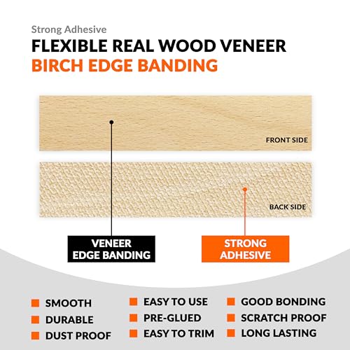 Birch Veneer Edge Banding 1 inch x 50 ft Pre Glued Wood Adhesive Edging Trim Tape Iron On Flexible Strips Roll Furniture Laminate Glue Plywood Sheets Strips Sheet Band Formica Glue Bendable Flexible - size: 1 in x 50 ft