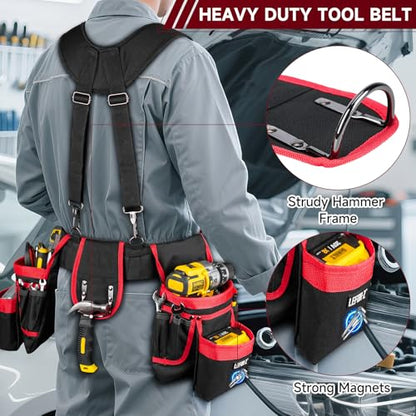 Tool Belt with Suspenders,27-Pockets Heavy Duty Tool Belts for Men with Magnetic Tool Pouch,Detachable & Adjustable Work Belt Bag for Electrician,Carpenter,Construction,Utility Toolbelt,Black,Red - color: Black/Red