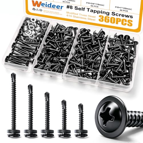weideer 360pcs Self Tapping Screws for Metal, #8 410 Stainless Steel Sheet Metal Screws, Black Oxide Truss Head Self Drilling Screw with Rubber Washer,Length 1/2" to 1-1/4'' - size: BK 360PCS #8 Kit