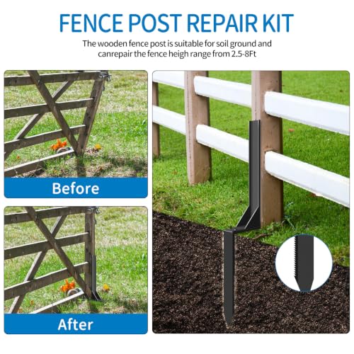 3 Pack Fence Post Repair Kit, Heavy Duty Tilted Fence Support Stakes, 31.5'' Length Thickened Steel Post Stabilizer, Quick Fix Broken/Leaning 4x4/6x6 Wood Posts