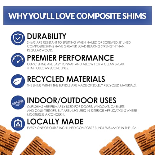 Composite Shims & Wedges for Leveling – Waterproof (24 Pack) 8-Inch Heavy Duty Durable Wood & Plastic Shims for Leveling Toilets, Windows, Cabinets, Decks, Tables & Furniture Levelers - Made in USA