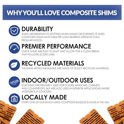 Composite Shims & Wedges for Leveling – Waterproof (24 Pack) 8-Inch Heavy Duty Durable Wood & Plastic Shims for Leveling Toilets, Windows, Cabinets, Decks, Tables & Furniture Levelers - Made in USA