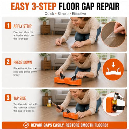 Floor Gap Fixer Tool for Floating Floors, Dual Suction Cup Flooring Repair Kit, 2.87" Vacuum Cups, 80° Floor-Protective Striking Surface, Rubber Mallet & 5 Adhesive Pads