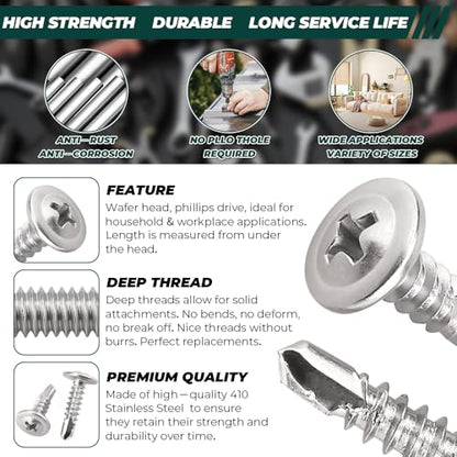 #8 x 1 Phillips Wafer Head Sheet Metal Tek Screws (100 pcs), 410 Stainless Steel, Phillips Drive Wafer Head Self Tapping Screws, Fayeploo (with Phillips Driver Bit) - size: #8 x 1