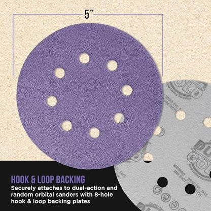 Dura-Gold 40 Grit 5" Purple Film Ceramic Sanding Discs, Box of 25, 8-Hole - style: 40 Grit