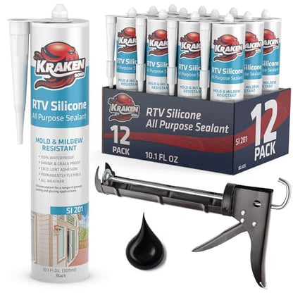 Kraken Bond Black Silicone Sealant Waterproof% 100-10 fl oz Cartridge, RTV Silicone Caulk Kitchen and Bathroom, All Purpose, Window Caulking Sealant Outdoor, RV, Gun Included - 12 Pack - size: RTV Silicone Black + Gun